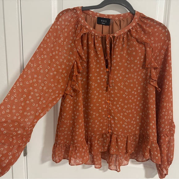 Vici Tops - Vici Orange Ruffled Blouse with Long Sleeves